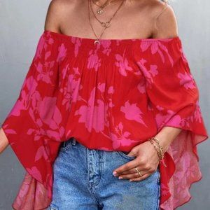 red Boho Floral Off Shoulder Flounce Sleeve Top